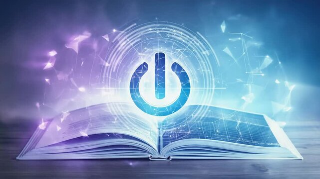 Futuristic Power Symbol Above Open Book Representing Digital Learning and Knowledge