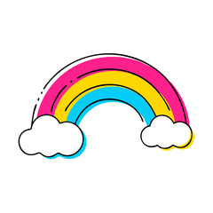 Vector illustration of a rainbow of three stripes - pink, yellow and blue with white clouds in doodle isolated style on transparent background.