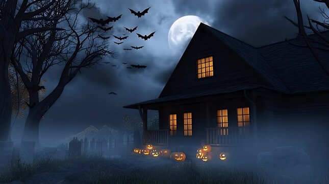 Spooky Halloween Night with Haunted House, Bat Swarm, and Jack-o&rsquo;-Lanterns