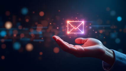 Businessman hand touching a digital email icon on a blue screen, representing future communication solutions