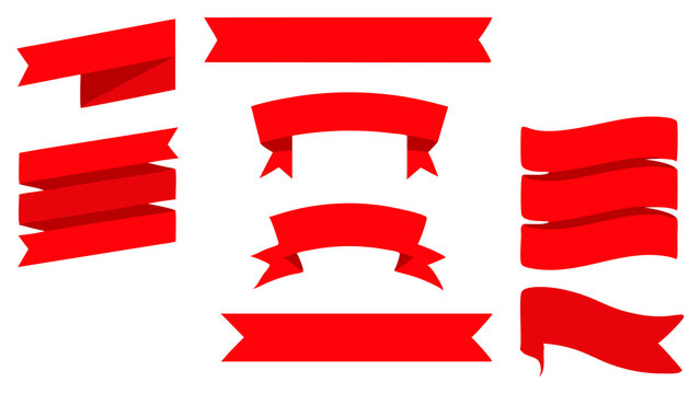 Set vector red ribbon banners different shapes isolated on transparent background for web design . Blank templates for text, price tags, logos and infographics.