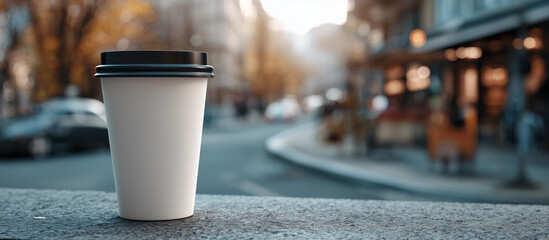 To-go coffee cup mockup with blank label on urban street background