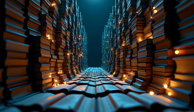 Surreal 3D composition: Canyon of Knowledge &mdash; high walls of ancient and modern textbooks forming a narrow passage in the form of a spiral rising on a black background. 