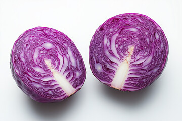 Obraz premium Purple Cabbage Halves Arranged Symmetrically on a Clean White Surface