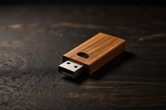 USB flash drive placed on wooden surface for data storage and connection.