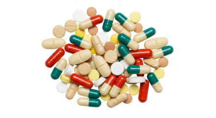 Pharmaceutical Pile with Red Green Capsules and Transparent Background