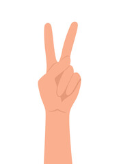 Human hand showing number two or victory sign with fingers isolated on white background. Flat vector illustration