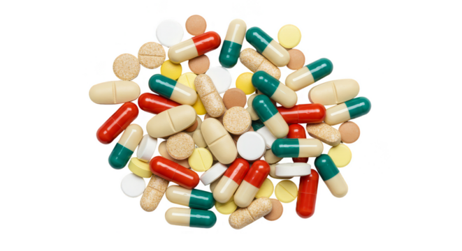Pharmaceutical Pile with Red Green Capsules and Transparent Background - Powered by Adobe