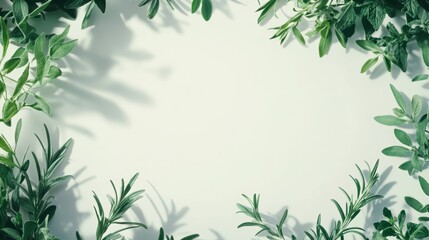 Naklejka premium Fresh herbs frame on white background with copy space.