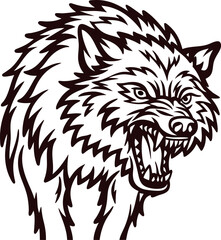 Obraz premium fierce snarling wolf head illustration with sharp teeth and bristling fur in bold hand drawn tattoo