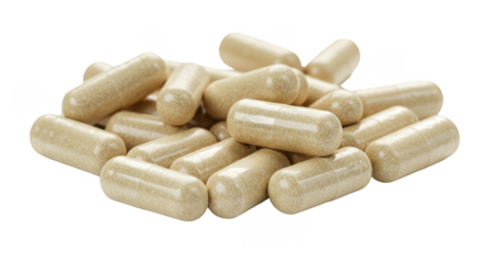 Pile of Beige Pills Capsules isolated on Transparent Background Medicine