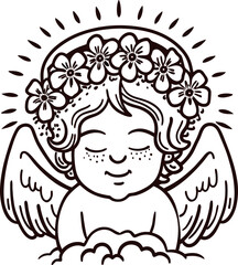 Peaceful angel with flower crown and wings, halo illustration in vintage engraved hand drawn