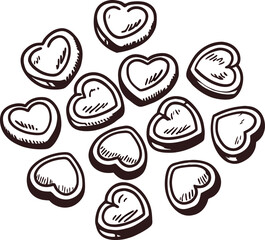 Hand drawn heart shaped candies illustration with vintage sketch on white background