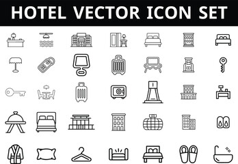 Hotel Vector Icon Set  Bed, key, robe, safe, room, service, pillow, slippers, spa, hanger, amenities, pool, dining,vector art and illustration
