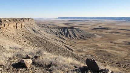 Expansive desert vista showcasing a dramatic cliff face, gently sloping terrain, and a vast, flat plain under a clear blue sky. Distant horizon reveals subtle variations in landform