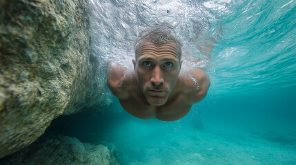 Muscular athlete diving underwater in crystal clear ocean during bright sunny day