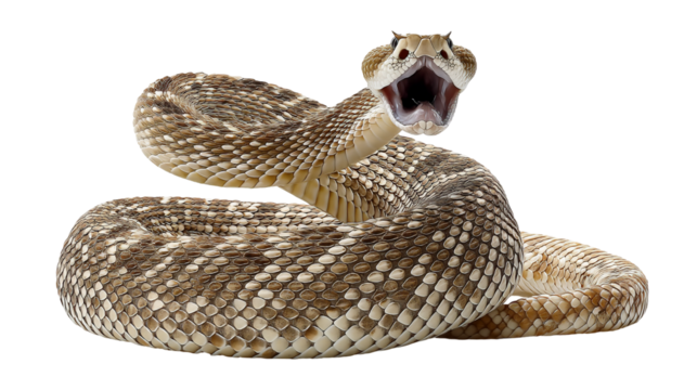 Coiled rattlesnake raises rattle in warning display during a sunny desert afternoon