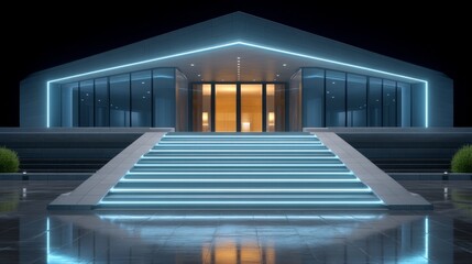 Futuristic House Exterior with Illuminated Steps and Sleek Design at Night