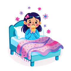 Sad sick girl in bed with drink isolated on transparent background