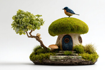 a small bird sitting on top of a mushroom house