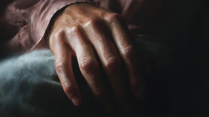 A hand resting gently on a lap with soft light