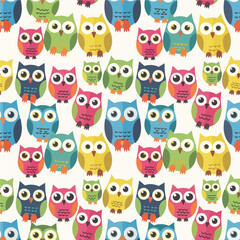 A vibrant and whimsical pattern of colorful cartoon owls arranged in neat rows on a light background. Vector Patterns