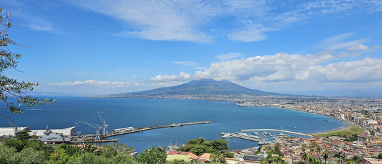 Mount Vesuvius and Bay of Naples under Blue Sky