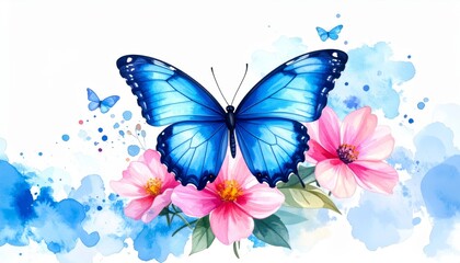 Stunning blue butterfly on pink flowers, a captivating nature photography for background