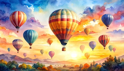 Naklejka premium Dreamy watercolor hot air balloons soaring across a vibrant sky, colorful and whimsical flight of fancy