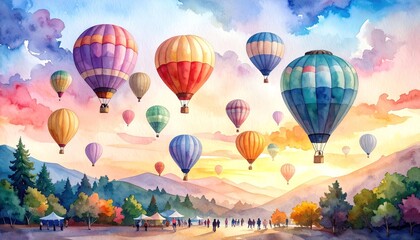 Fototapeta premium Watercolor painting, hot air balloons soaring over majestic mountains at sunrise