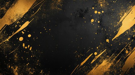 Abstract black and gold grunge background with paint splatters and strokes.