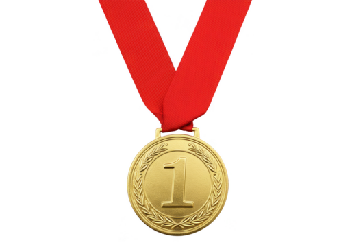 Realistic Golden First Place Award Medal with Red Ribbon Isolated