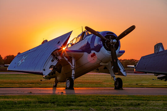 Grumman TBF Avenger Parked with Folded Wings at Sunset
