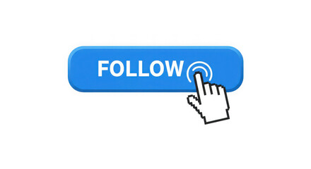 A blue follow button with a cursor clicking on it against a transparent background