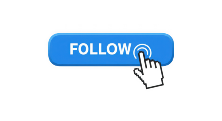 A blue follow button with a cursor clicking on it against a transparent background
