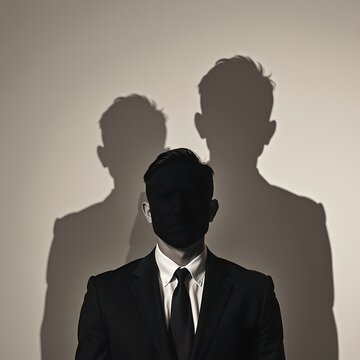 shadow figures behind a man in a suit with blacked out face