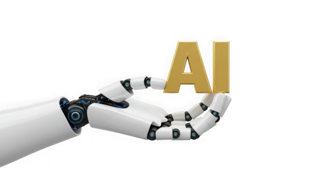 Robot hand holding golden ai letters against a stark transparent background view