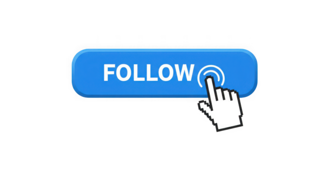 A blue follow button with a cursor clicking on it against a transparent background