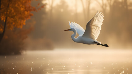 White swan glides peacefully on the lake through the morning fog, a symbol of freedom in nature's embrace