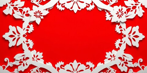 Intricate red & white layered paper cut design, abstract shapes on red background, illustration, texture