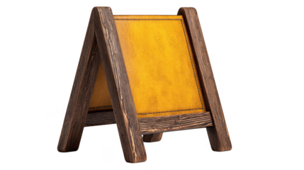 Wooden a frame sign with yellow leather panel isolated on transparent background