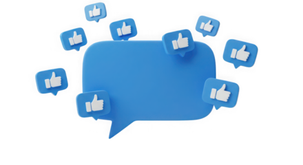 Blue speech bubble surrounded by thumbs up icons on a transparent background