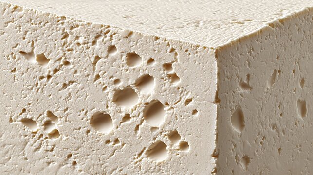 Textured cube of white solid matter with holes; close up view of food item