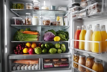 Fresh and Colorful Ingredients Inside a Modern Refrigerator with Organized Shelves Full of Fruits, Vegetables, Dairy, and Prepared Meals