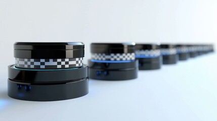 3D lineup of product scanning sensors and checkers on white background