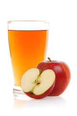 Glass of apple juice with fresh red apple isolated on white. Glass of fresh apple juice with whole and halved red apple isolated on white. Healthy natural drink and fruit concept.
