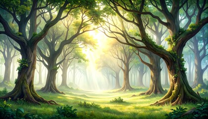Sundrenched forest, majestic trees bathed in golden light sunbeams