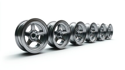 3D lineup of rotating assembly wheels in sequence on white background