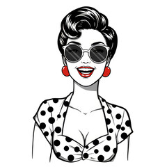 Retro Illustration of Smiling Woman in Polka Dot Top and Red Earrings
