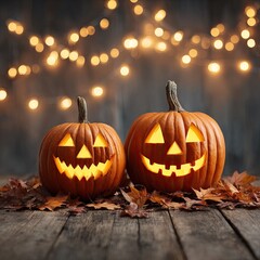Glowing jack-o'-lantern pumpkins on wooden table with autumn leaves and Halloween lights in cozy setting